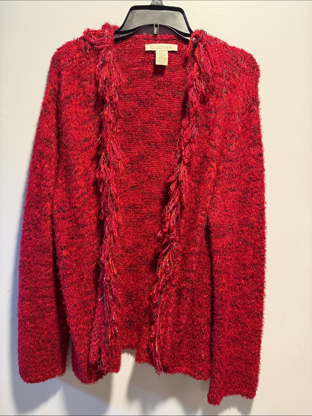 Open-Front Fringe Trim Red Cardigan Sweater